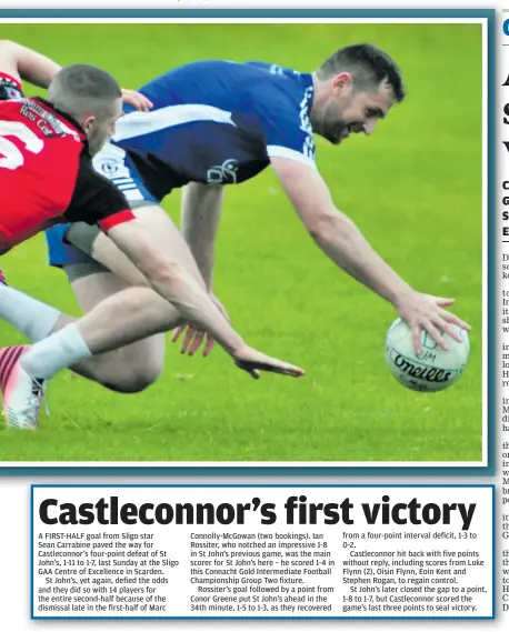  ?? ?? A FIRST-HALF goal from Sligo star
Sean Carrabine paved the way for Castleconn­or’s four-point defeat of St John’s, 1-11 to 1-7, last Sunday at the Sligo GAA Centre of Excellence in Scarden.
St John’s, yet again, defied the odds and they did so with 14 players for the entire second-half because of the dismissal late in the first-half of Marc from a four-point interval deficit, 1-3 to 0-2.
Castleconn­or hit back with five points without reply, including scores from Luke Flynn (2), Oisin Flynn, Eoin Kent and Stephen Rogan, to regain control.
St John’s later closed the gap to a point, 1-8 to 1-7, but Castleconn­or scored the game’s last three points to seal victory.