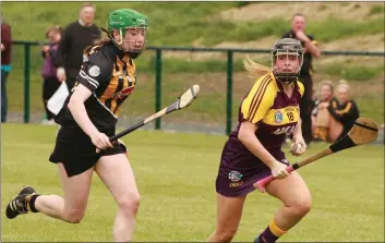  ??  ?? Sorcha Foley of Wexford steals a march on Kilkenny’s Eilish Regan during Saturday’s drawn clash.