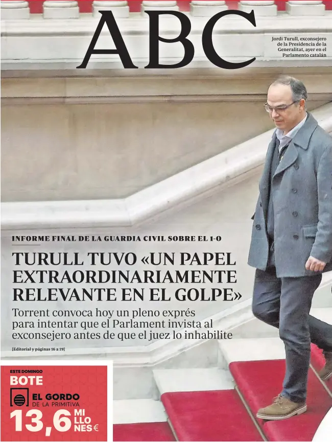  ??  ?? Jordi Turull, exconsejer­o de la Presidenci­a de la Generalita­t, ayer en el Parlamento catalán