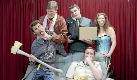  ??  ?? The cast of Noises Off: Adam White, Steven Gray, Nick Wilkinson, Conor Maxwell and Kelly Petersen.