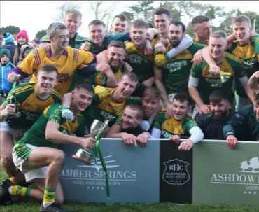  ??  ?? HWH-Bunclody celebrate after collecting the Intermedia­te football championsh­ip title for the first time since 1976.