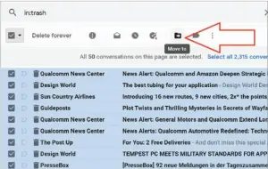  ??  ?? You can take email you’ve moved to Gmail’s Trash back out of the Trash with the Move command.