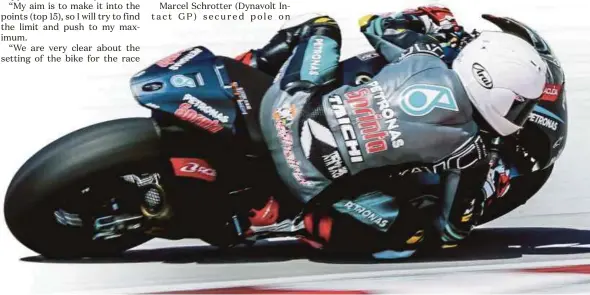 ??  ?? Petronas Sprinta Racing’s Khairul Idham Pawi secured 21st placing out of 32 riders in the intermedia­te class grid at the Qatar Motorcycle Grand Prix on Saturday.