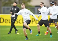  ?? — AFP photo ?? Germany's players includingT­imoWerner (front) take part in a training session in Dortmund, western Germany, on March 21, 2017, on the eve of the friendly football match between Germany and England, whiich is also Lukas Podolski's last match with the...