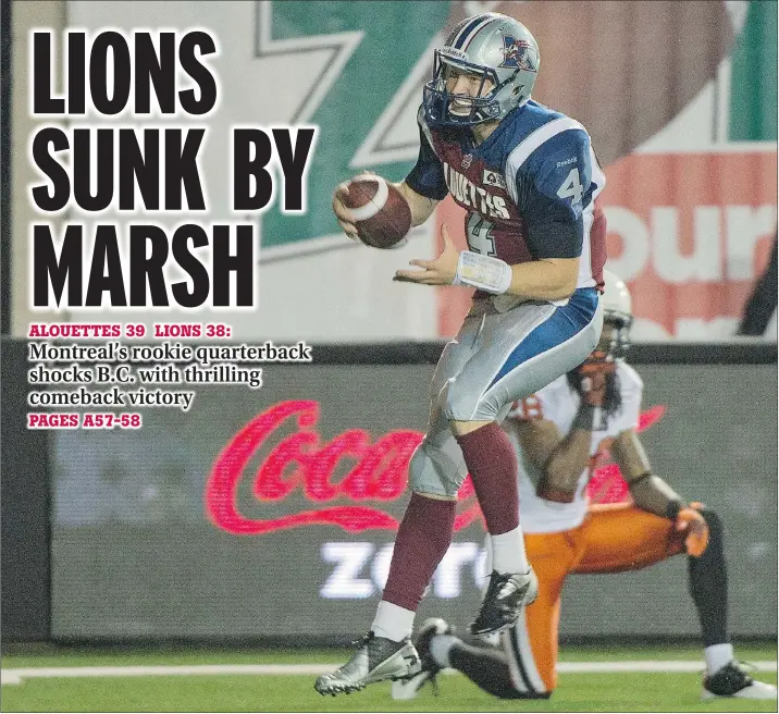  ?? — THE CANADIAN PRESS ?? Montreal Alouettes backup quarterbac­k Tanner Marsh runs in for a touchdown against the B.C. Lions Thursday in Montreal.