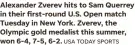  ?? USA TODAY SPORTS ?? Alexander Zverev hits to Sam Querrey in their first-round U.S. Open match Tuesday in New York. Zverev, the Olympic gold medalist this summer, won 6-4, 7-5, 6-2.