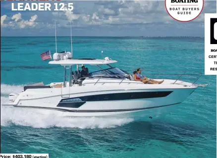  ??  ?? Price: $403,180 (starting)
SPECS: LOA: 40'3" BEAM: 11'9" DRAFT (MAX): 2'8" DRY WEIGHT: 17,999 lb. SEAT/WEIGHT CAPACITY: 12/8,531 lb. FUEL CAPACITY: 304 gal.
HOW WE TESTED: ENGINES: Triple Yamaha F300 V-6 four-stroke DRIVE/PROPS: Outboard/151/2" x 17" 3-blade stainless steel GEAR RATIO: 1.75:1 FUEL LOAD: 150 gal. CREW WEIGHT: 450 lb.