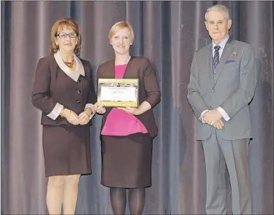  ?? SUBMITTED ?? Sally Steeves, a teacher at West Pictou Consolidat­ed, received an Education Week Award on Monday night. She’s shown with Education Minister Karen Casey and Lt. Gov. J.J. Grant.