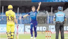  ??  ?? Mumbai Indians (MI) bowler Trent Boult appeals for an LBW during the Indian Premier League (IPL) T20 cricket match against Chennai Super Kings, at Sharjah Cricket Stadium in Sharjah.