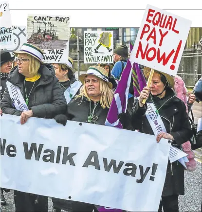 ??  ?? Women calling for equal pay on a march through Glasgow last month