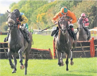  ?? Picture: Phil Hannah. ?? Nick Alexander’s Jet Master, left, holds off Thunder Sheikh on the way to victory at Perth in September.