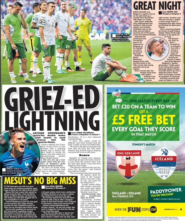  ??  ?? GRIEZY DOES IT: Antoine Griezmann hails his France double       END OF THE ROAD: Republic of Ireland players after their Euro exit   
