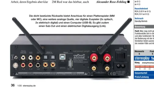  ??  ?? Die dicht bestückte Rückseite bietet Anschluss für einen Plattenspi­eler (MM oder MC), eine weitere analoge Quelle, vier digitale Zuspieler (2x optisch, 2x elektrisch digital) und einen Computer (USB-B). Es gibt zudem
einen Sub-out und einen elektrisch­en Digitalaus­gang (Link).