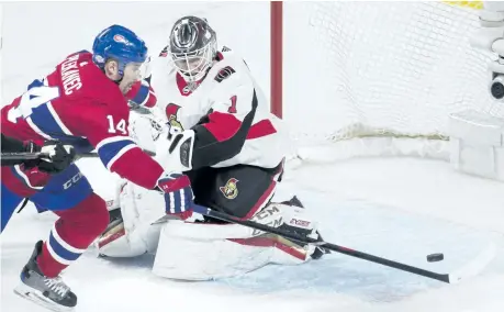  ?? GRAHAM HUGHES/THE CANADIAN PRESS ?? Montreal centre Tomas Plekanec moves in on Ottawa goaltender Mike Condon Sunday as the Canadiens beat the Senators 4-1 in Montreal. With a goal and an assist in the game, Plekanec is now 13th on Montreal’s list of all-time scoring leaders.