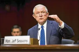  ?? AL DRAGO / NEW YORK TIMES ?? Attorney General Jeff Sessions testifies at a Senate Judiciary Committee hearing Wednesday. Sessions said he had not been interviewe­d by special counsel Robert Mueller about FBI Director James Comey’s firing.