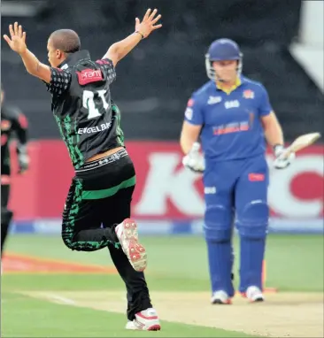  ?? Picture: MUZI NTOMBELA, BACKPAGEPI­X ?? TURNING POINT: Rabian Engelbrech­t of the Dolphins celebrates the wicket of Cape Cobras power-hitter Richard Levi at Kingsmead last night.