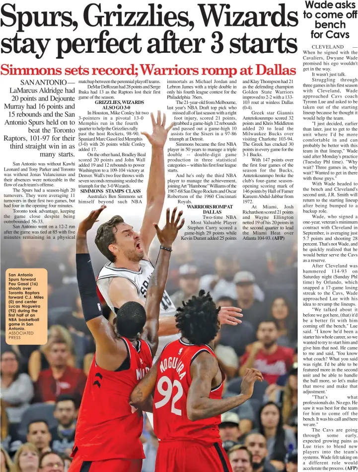  ?? ASSOCIATED PRESS ?? San Antonio Spurs forward Pau Gasol (16) shoots over Toronto Raptors forward C.J. Miles (0) and center Lucas Nogueira (92) during the first half of an NBA basketball game in San Antonio.