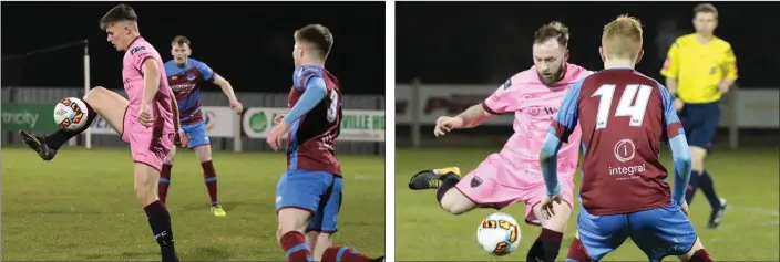  ??  ?? Aaron Dobbs controls the ball as Drogheda United defender Conor Kane looks on. Mikey Byrne of Wexford F.C. takes aim as Drogheda United winger Mark Doyle closes in.