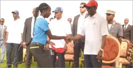  ??  ?? Nigeria’s Georgia Oboh (in handshake) with Equatorial Guinea President, Nguema Obiang Mbasogo, at the opening ceremony of Equatorial Guinea Open Championsh­ip in Mongomo… yesterday