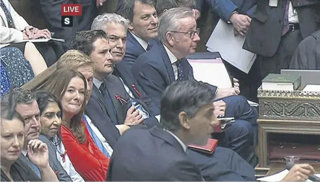  ?? ?? ↑ Prime Minister Rishi Sunak addresses the House of Commons with levelling-up secretary Michael Gove looking on