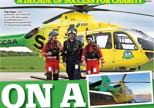  ?? ?? Top team Lead paramedic John Pritchard from Crieff, pilot captain Russell Myles from Blairgowri­e and paramedic Ali Daw pictured yesterday