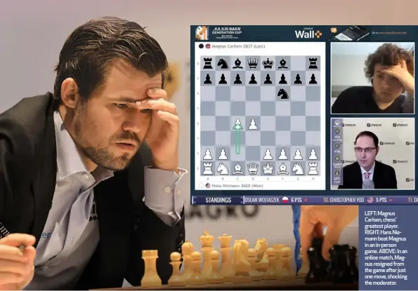  ?? ?? LEFT: Magnus Carlsen, chess’ greatest player. RIGHT: Hans Niemann beat Magnus in an in-person game. ABOVE: In an online match, Magnus resigned from the game after just one move, shocking the moderator.