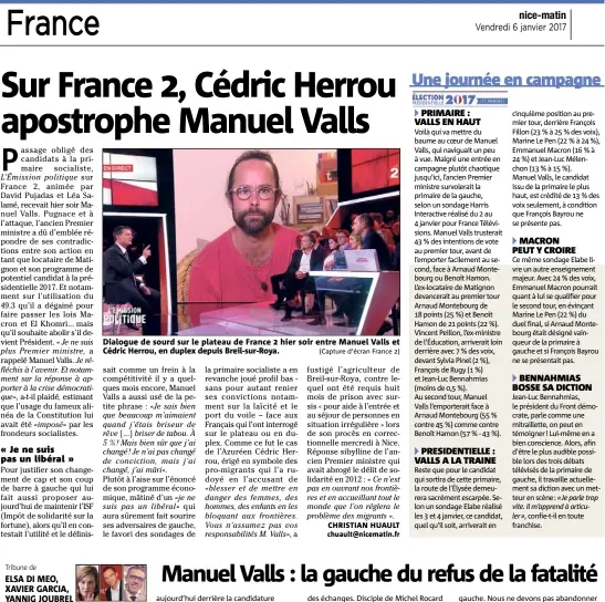  ?? Responsabl­es socialiste­s en Paca (Capture d’écran France ) ?? Dialogue de sourd sur le plateau de France  hier soir entre Manuel Valls et Cédric Herrou, en duplex depuis Breil- sur-Roya.