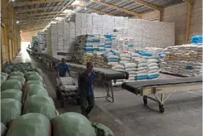  ?? ?? Big business: Two employees working in a warehouse packed with bags of rice at a rice export company in Can Tho. — ap