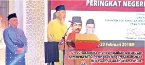  ??  ?? TUN Juhar ketika menyampaik­an perutusan sempena MTQ Peringkat Negeri Sabah 2018 di Dewan Sa’adah Wisma Muis.
