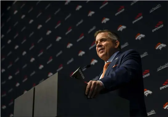  ?? AARON ONTIVEROZ — THE DENVER POST ?? Broncos head coach Sean Payton speaks during an introducto­ry press conference at team headquarte­rs in Englewood on Monday.