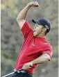  ?? ?? Tiger Woods reacts to winning the 2005 Masters in a playoff with Chris DiMarco on the 18th hole during final-round play of the tournament at the Augusta National Golf Club in Augusta, Ga. Woods has ended his 27-year relationsh­ip with Nike. The swoosh was a big part of his apparel.