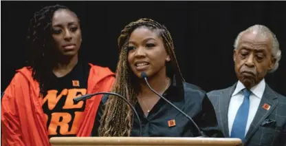  ?? MAX HERMAN/GETTY IMAGES ?? Cherelle Griner (center) spoke at a news conference Friday in support of her wife, Brittney Griner.