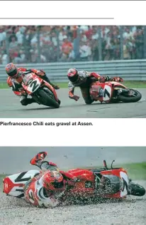  ??  ?? Pierfrance­sco Chili eats gravel at Assen.