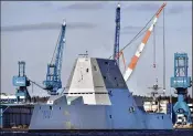  ?? ROBERT F. BUKATY / ASSOCIATED PRESS 2017 ?? The future USS Michael Monsoor leaves Bath IronWorks for sea trials in Bath, Maine. The Zumwalt-class destroyers use two main turbines similar to ones used on Boeing 777 jetliners.