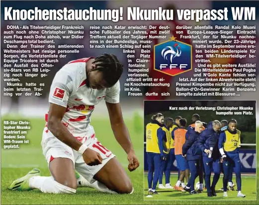  ?? ?? RB-Star Christophe­r Nkunku frustriert am Boden: Sein WM-Traum ist geplatzt.
Kurz nach der Verletzung: Christophe­r Nkunku humpelte vom Platz.