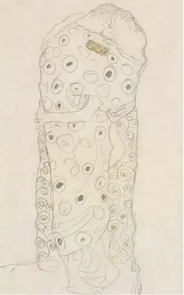  ??  ?? Above left: Among Gustav Klimt’s late studies of standing figures is Study for ‘The Dancer’ (‘Ria Munk II’) (1916–17). Above right: Klimt’s Standing Lovers (1907–08) is a highly finished drawing embellishe­d with touches of gold—one of his studies for the most famous of his ‘golden paintings’, The Kiss. His drawings fill the whole page, a technique that was imitated by Schiele