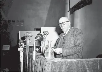  ?? AP ?? W.E.B. Du Bois, educator, writer and co-chairman of the U.S. delegation, addresses the World Congress of Partisans of Peace on April 22, 1949, at the Salle Pleyel in Paris.