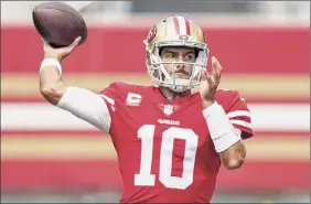  ?? Icon Sportswire / Icon Sportswire via Getty Images ?? 49ers quarterbac­k Jimmy Garoppolo spent several seasons as Tom Brady’s backup with New England before being traded in 2017.