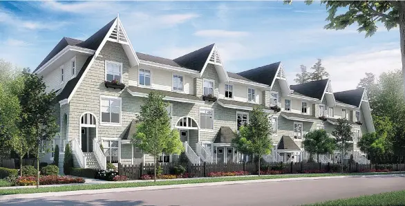  ??  ?? The warm exteriors at Ivory Mews in Burnaby will have gabled roofs, cladding and arched entryways, as demonstrat­ed in this artist’s rendering.