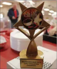  ?? LAUREN HALLIGAN — DIGITAL FIRST MEDIA ?? Brunswick Elks Lodge 2019Chili Challenge trophy went home with the chili chef who earned the most votes at Sunday’s event.