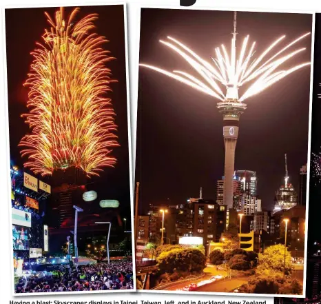  ??  ?? Having a blast: Skyscraper displays in Taipei, Taiwan, left, and in Auckland, New Zealand