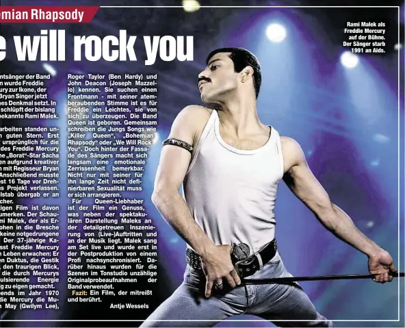  ??  ?? Rami Malek als Freddie Mercuryauf der Bühne. Der Sänger starb1991 an Aids.