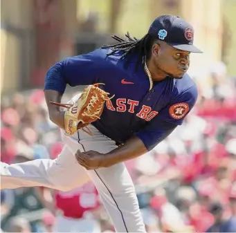  ?? Jeff Roberson/Associated Press ?? Astros starter Framber Valdez pitched two scoreless innings, allowing a single, against St. Louis on Thursday. His sinker registered 96 miles per hour.