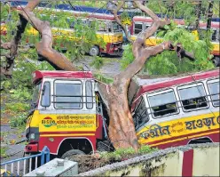  ?? PTI ?? A bus damaged by an uprooted tree due to cyclone Amphan, in Kolkata on Thursday.