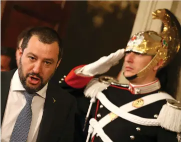  ?? (Alessandro Bianchi/Reuters) ?? LEAGUE PARTY LEADER Matteo Salvini leaves a meeting at the Quirinal Palace in Rome last month.