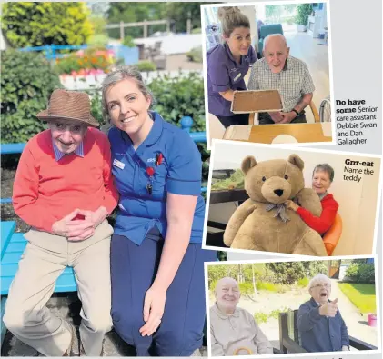  ??  ?? Chums Magnus MacIntosh and clinical lead Lauren McNellis Do have some Senior care assistant Debbie Swan and Dan Gallagher
Grrr-eat Name the teddy
Ross Enjoying the sun Eric Turner and Sandy