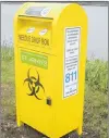  ?? JOE GIBBONS/THE TELEGRAM ?? A needle dropoff box at Quidi Vidi Lake.