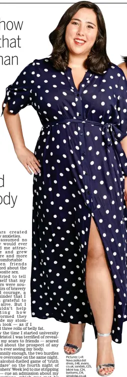  ??  ?? Pictures: L+R Navy polka dot dress, £48, evans. co.uk; sandals, £25, bikini top, £24, bottoms, £14, simplybe.co.uk