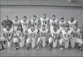  ?? Terrance Armstard/News-Times ?? Offensive line: El Dorado's offensive line includes, front from left, Jerry Green, Julius Broussard, Gray Rich, Peyton Griffin, Rahiem Cain, Connor Rambo and Brady Norris. Back row, Coach Nick Vaughn, Jimmie Lunsford, Thomas Hatley, Triston Seabolt, Dalton Perdue, Thomas Crawford, Cameron Deal and Devin Johnson.