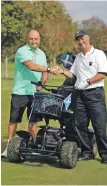  ?? ?? John with his singles opponent Mark White from Huddersfie­ld whom he beat 4 up with three holes left to play.